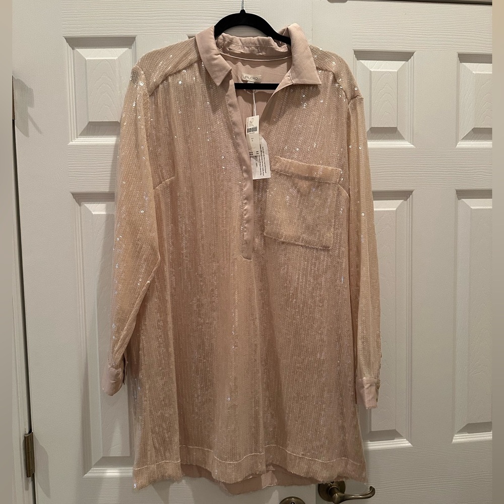 Anthropologie Sequin Shirt Dress in Light Pink
